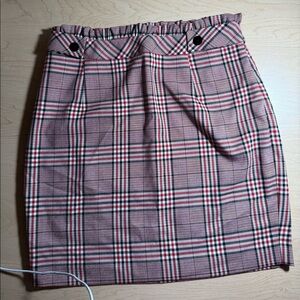 Express Red & Black Plaid Mini Skirt with a ruffle waist and button tab details